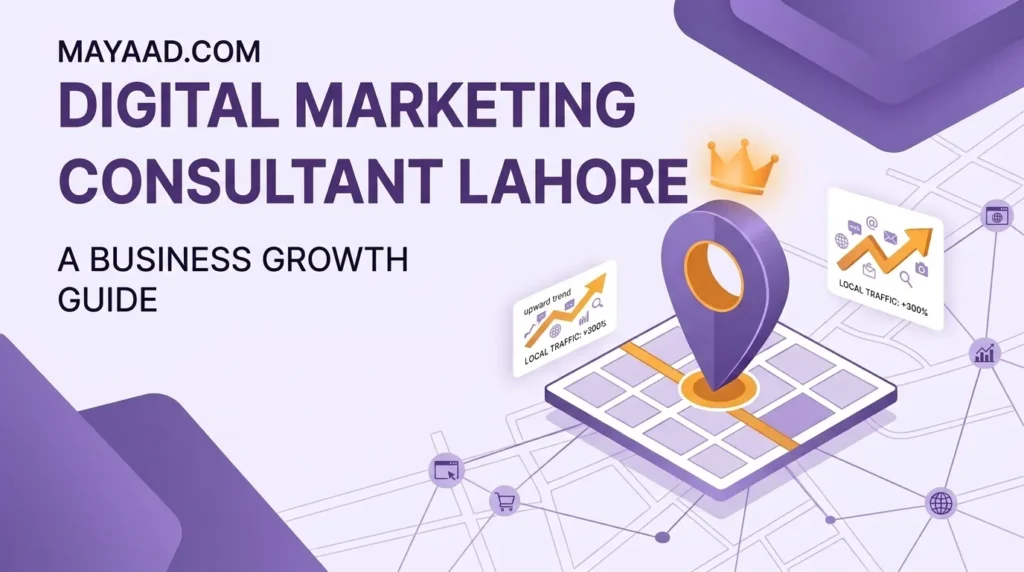 Digital marketing consultant Lahore blog thumbnail showing isometric analytics, local map location pin, and growth metrics in brand purple and orange colors.